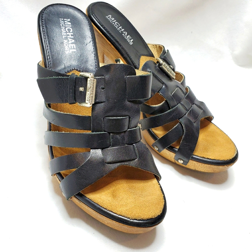 Michael Kors Black Leather Size 8 Wooden Heeled Sandals